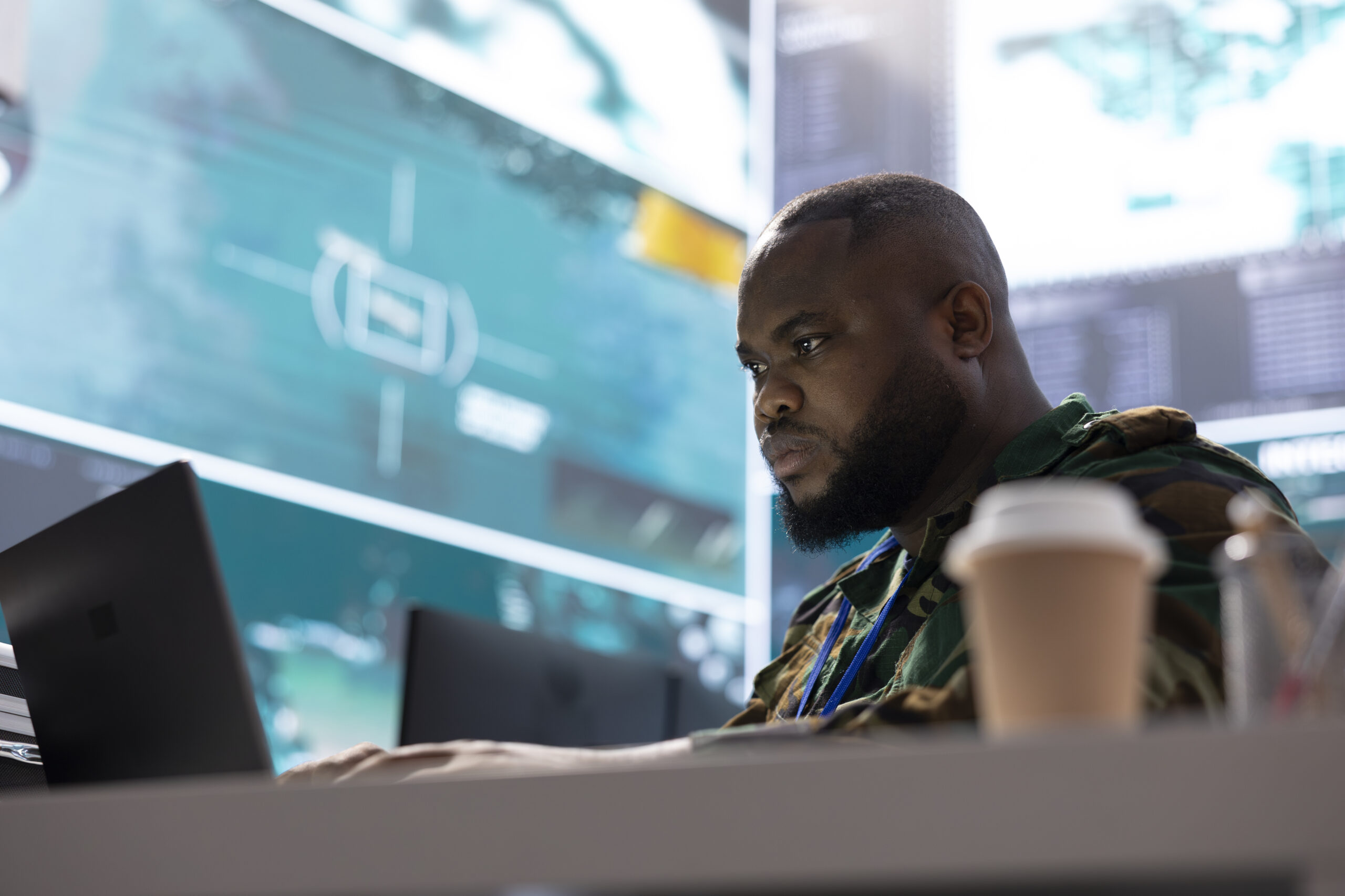 Secret service expert in an advanced command post manages reconnaissance